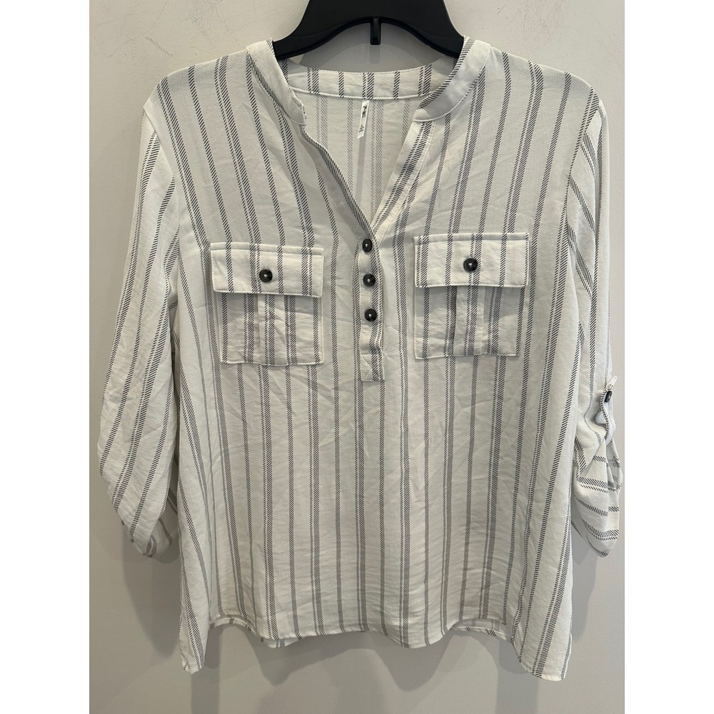 3rd + Malt Womens Large White Navy Striped Roll Tab Sleeve Henley Blouse